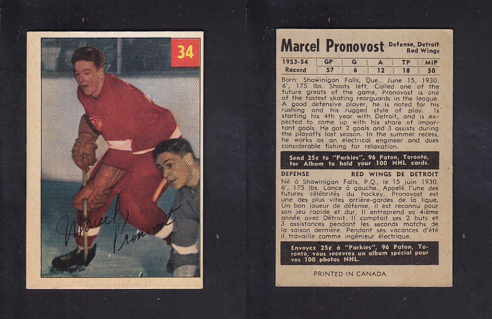 1954-55 PARKHURST HOCKEY CARD #34 M. PRONOVOST photo