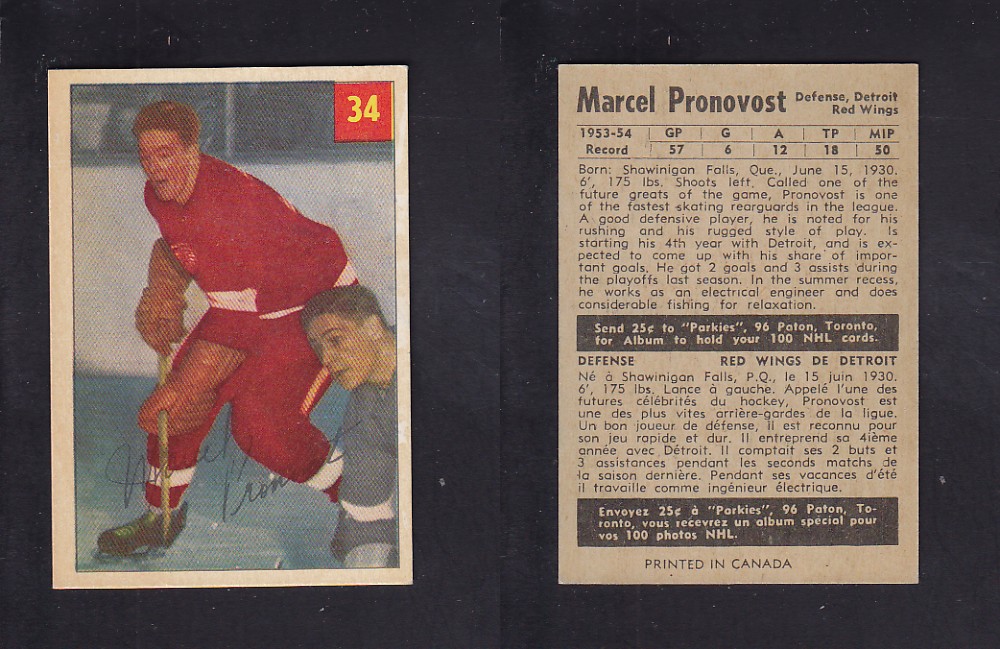 1954-55 PARKHURST HOCKEY CARD #34 M. PRONOVOST photo