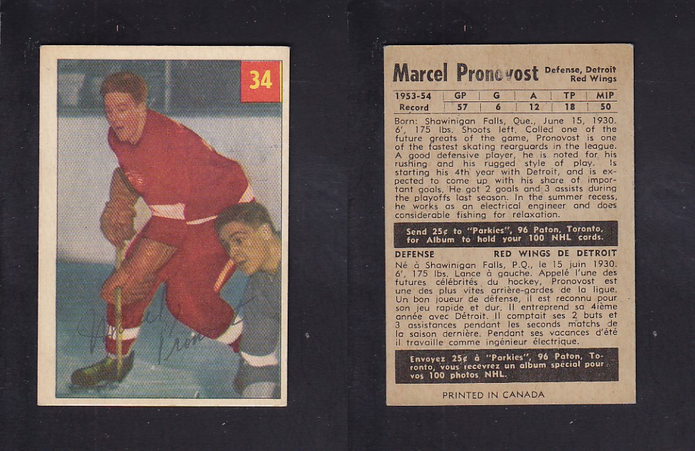 1954-55 PARKHURST HOCKEY CARD #34 M. PRONOVOST photo