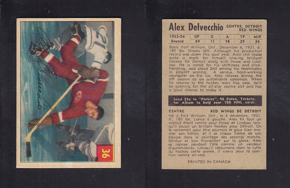 1954-55 PARKHURST HOCKEY CARD #36 A. DELVECCHIO photo