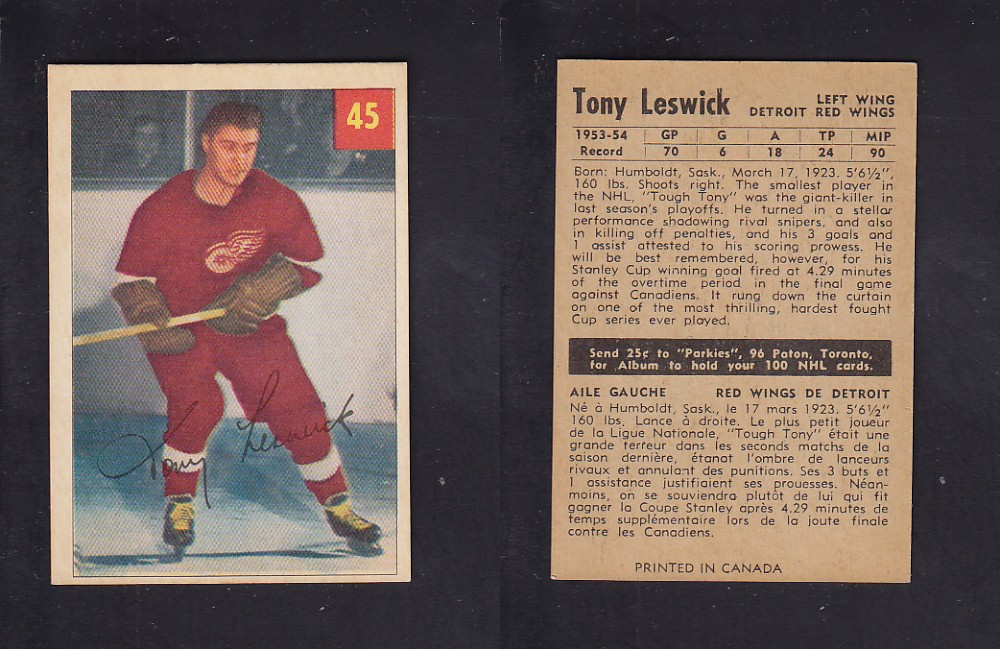 1954-55 PARKHURST HOCKEY CARD #45 T. LESWICK photo