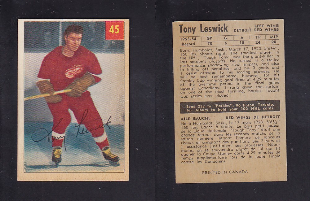 1954-55 PARKHURST HOCKEY CARD #45 T. LESWICK photo