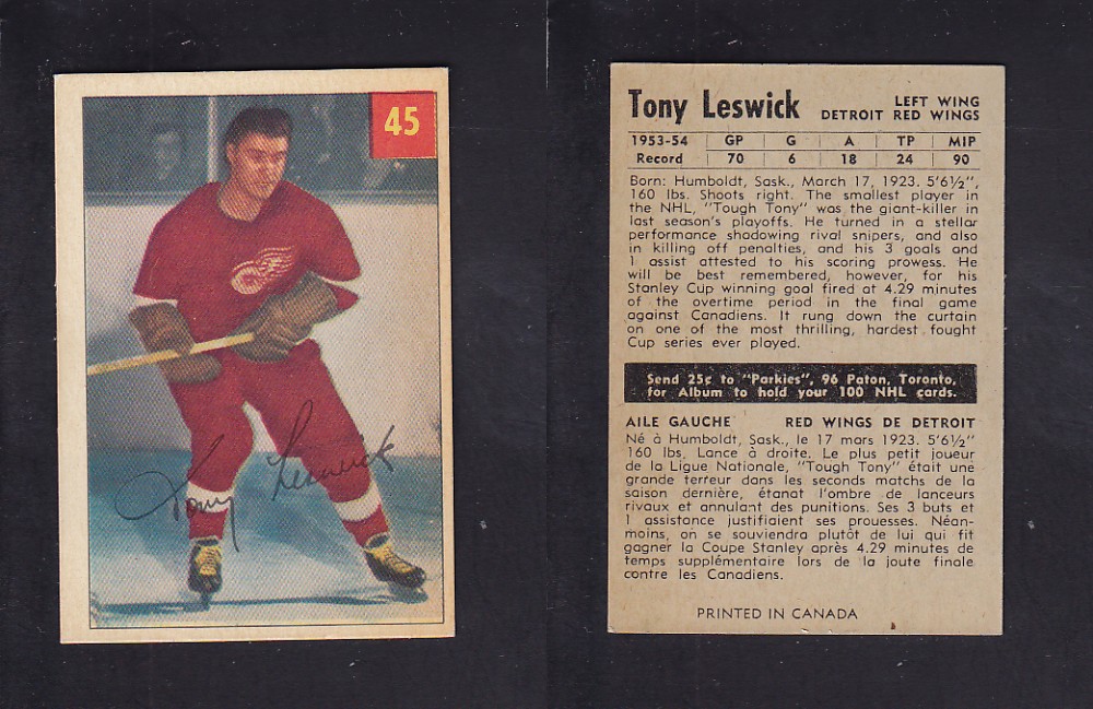 1954-55 PARKHURST HOCKEY CARD #45 T. LESWICK photo