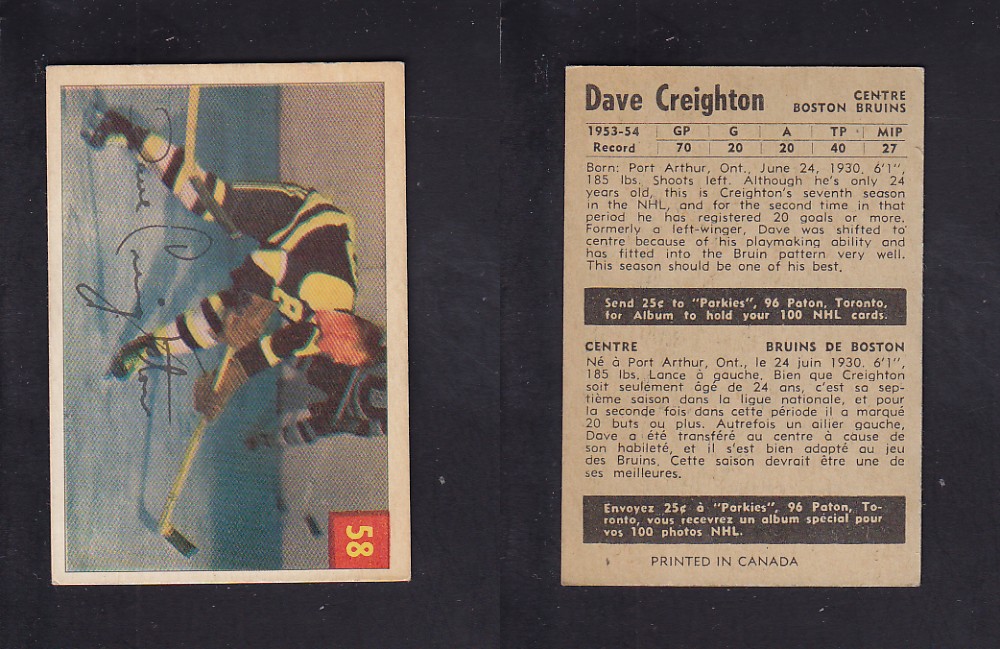 1954-55 PARKHURST HOCKEY CARD #58 D. CREIGHTON photo