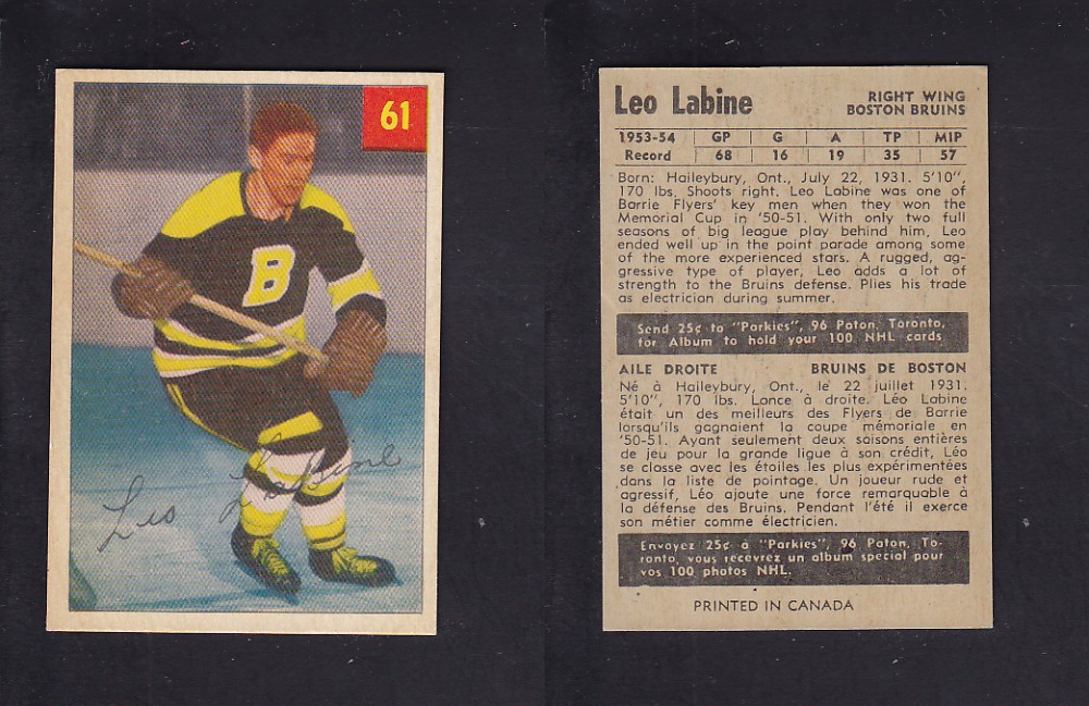 1954-55 PARKHURST HOCKEY CARD #61 L. LABINE photo