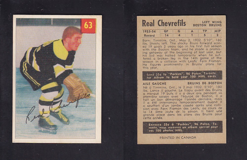 1954-55 PARKHURST HOCKEY CARD #63 R. CHEVREFILS photo