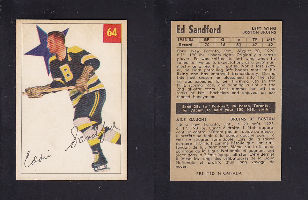 1954-55 PARKHURST HOCKEY CARD #64 E. SANDFORD photo