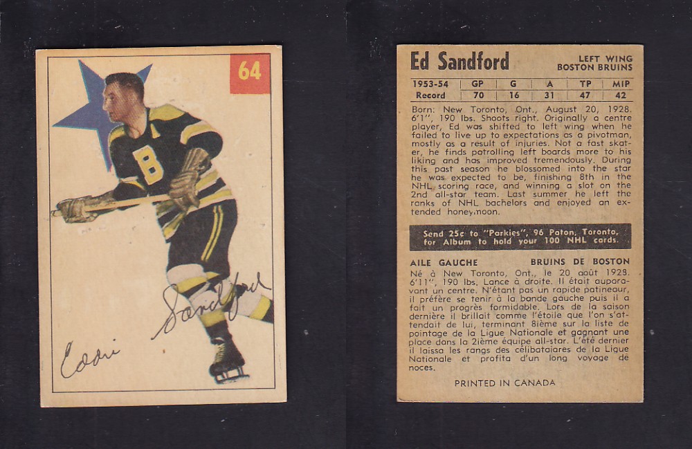 1954-55 PARKHURST HOCKEY CARD #64 E. SANDFORD photo