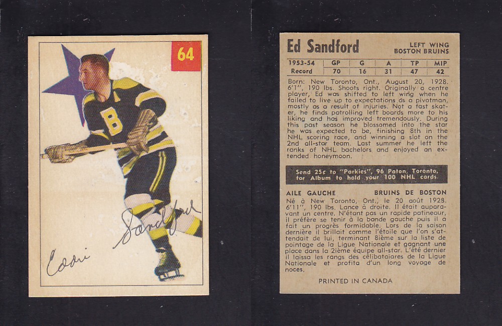 1954-55 PARKHURST HOCKEY CARD #64 E. SANDFORD photo