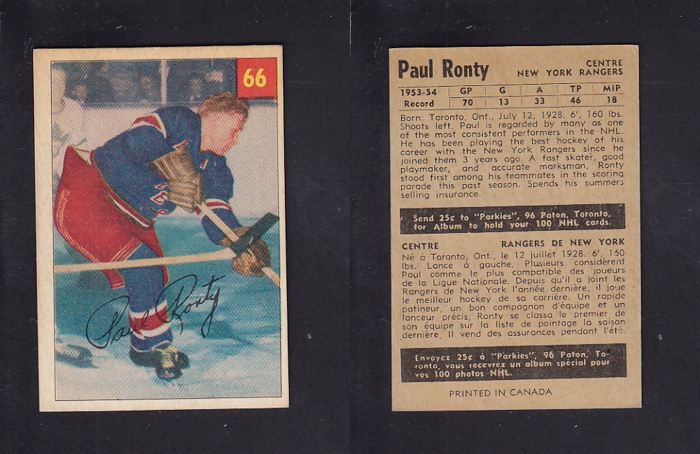 1954-55 PARKHURST HOCKEY CARD #66 P. RONTY photo