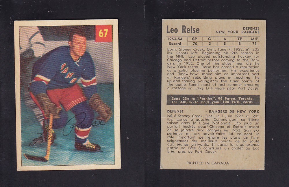 1954-55 PARKHURST HOCKEY CARD #67 L. REISE photo