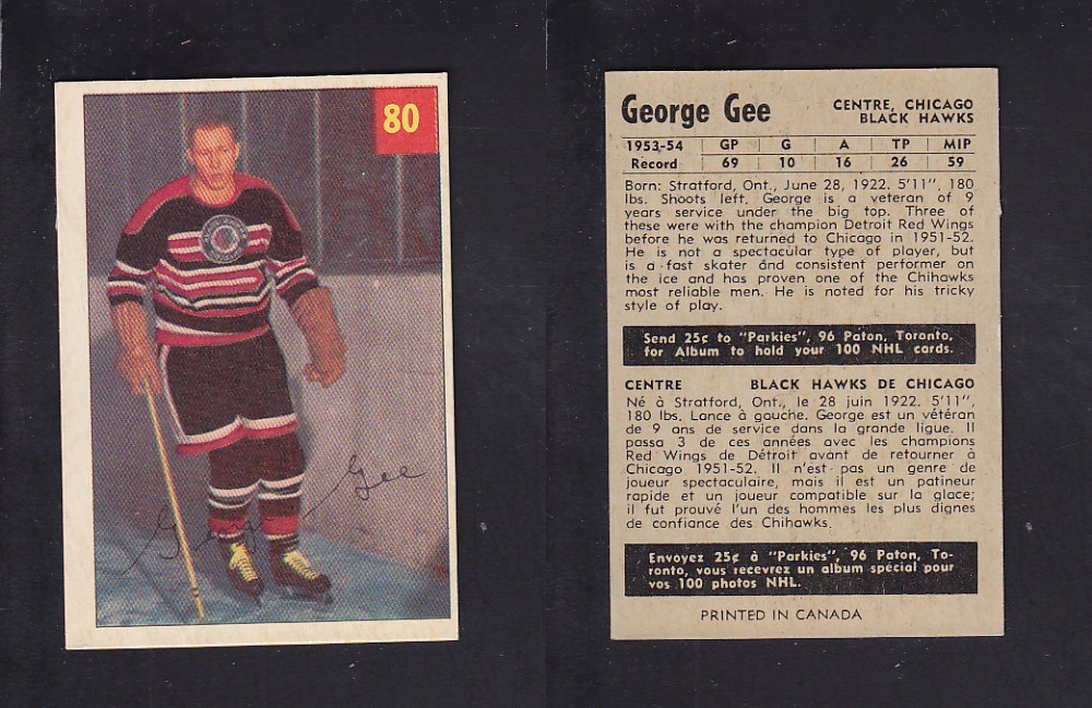 1954-55 PARKHURST HOCKEY CARD #80 G. GEE photo