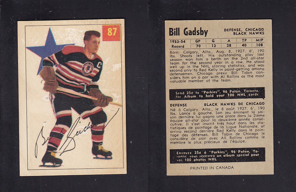 1954-55 PARKHURST HOCKEY CARD #87 B. GADSBY photo