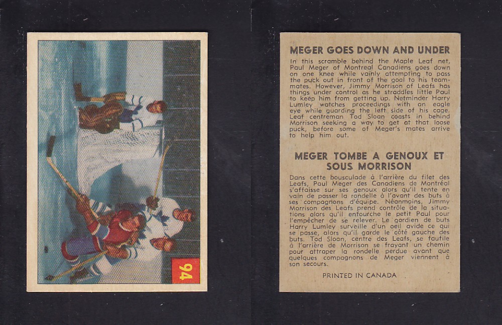 1954-55 PARKHURST HOCKEY CARD #94 MEGER GOES DOWN AND UNDER photo