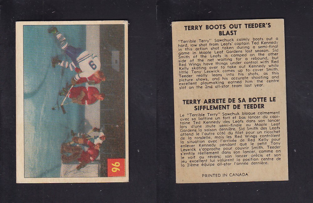 1954-55 PARKHURST HOCKEY CARD #96 TERRY BOOTS OUT TEEDER'S BLAST photo