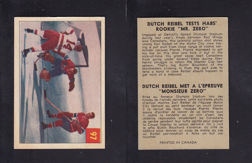 1954-55 PARKHURST HOCKEY CARD #97 D. REIBEL TESTS HABS' ROOKIE 