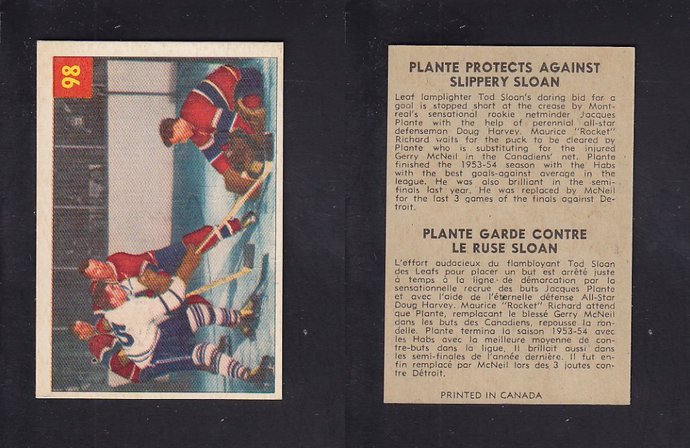 1954-55 PARKHURST HOCKEY CARD #98 PLANTE PROTECTS AGAINST SLIPPERY SLOAN photo