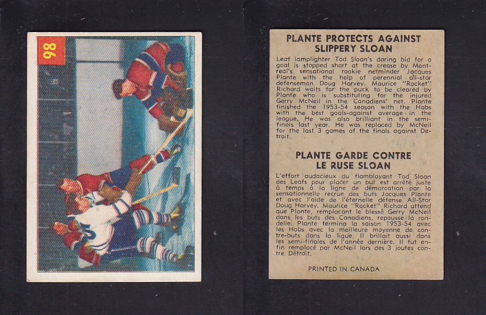 1954-55 PARKHURST HOCKEY CARD #98 PLANTE PROTECTS AGAINST SLIPPERY SLOAN photo