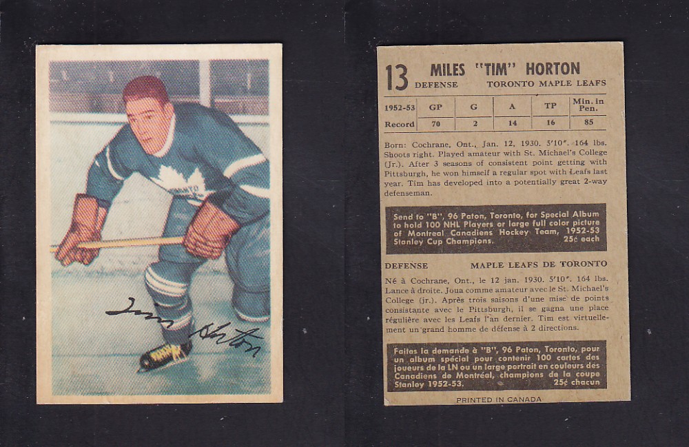 1953-54 PARKHURST HOCKEY CARD #13 T. HORTON photo