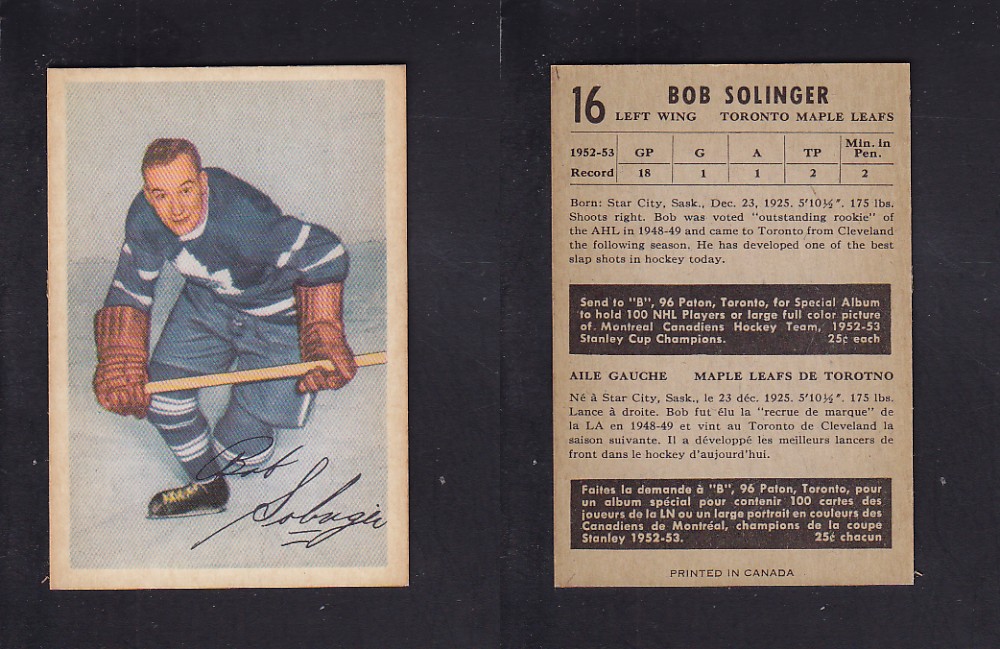 1953-54 PARKHURST HOCKEY CARD #16 B. SOLINGER photo