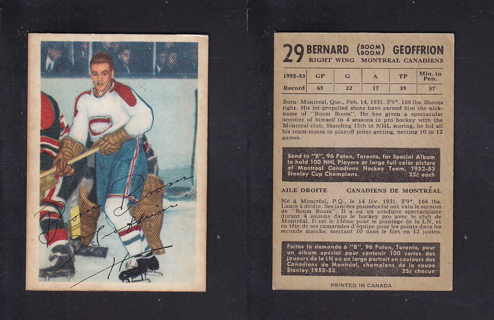 1953-54 PARKHURST HOCKEY CARD #29 B. GEOFFRION photo