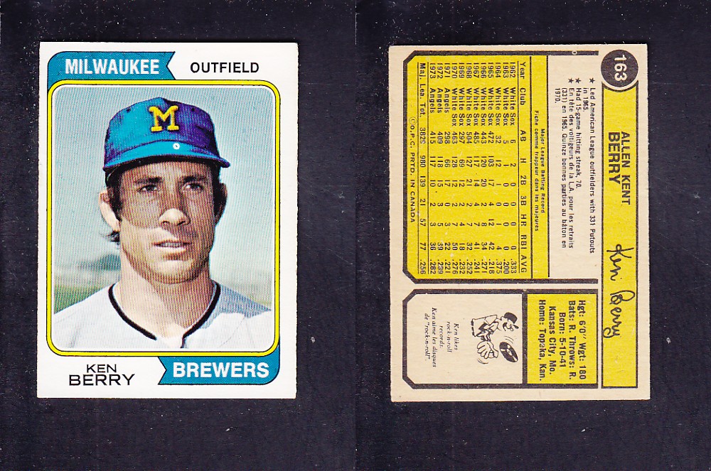 1974 O-PEE-CHEE BASEBALL CARD #163 K. BERRY photo