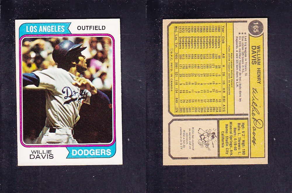 1974 O-PEE-CHEE BASEBALL CARD #165 W. DAVIS photo