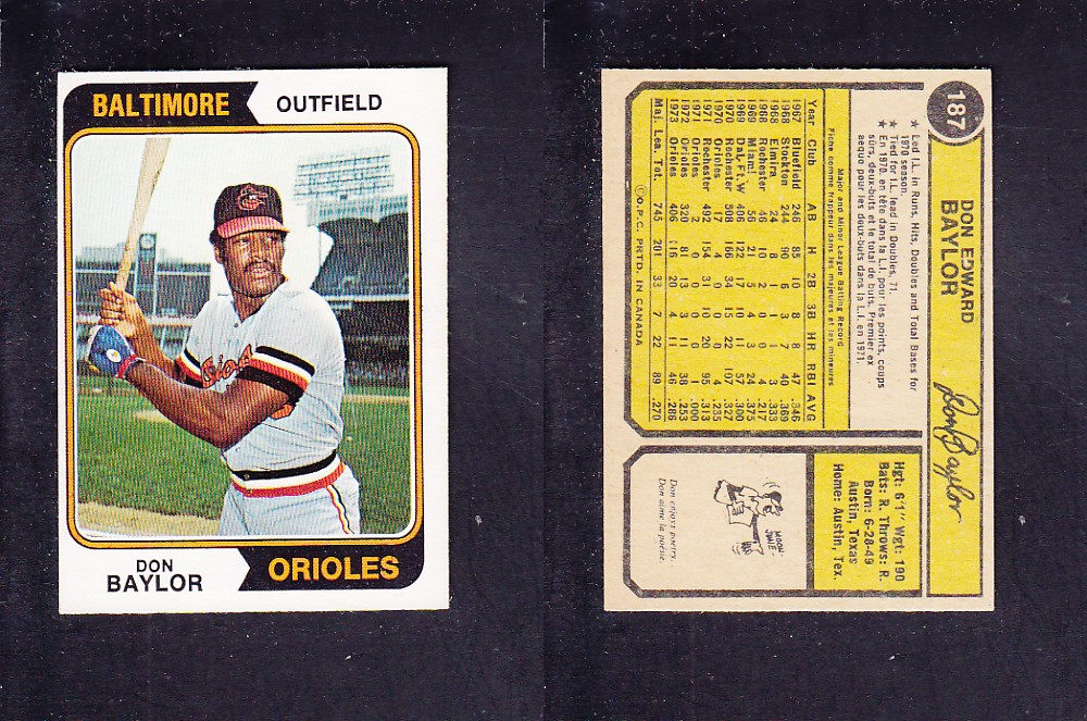 1974 O-PEE-CHEE BASEBALL CARD #187 D. BAYLOR photo