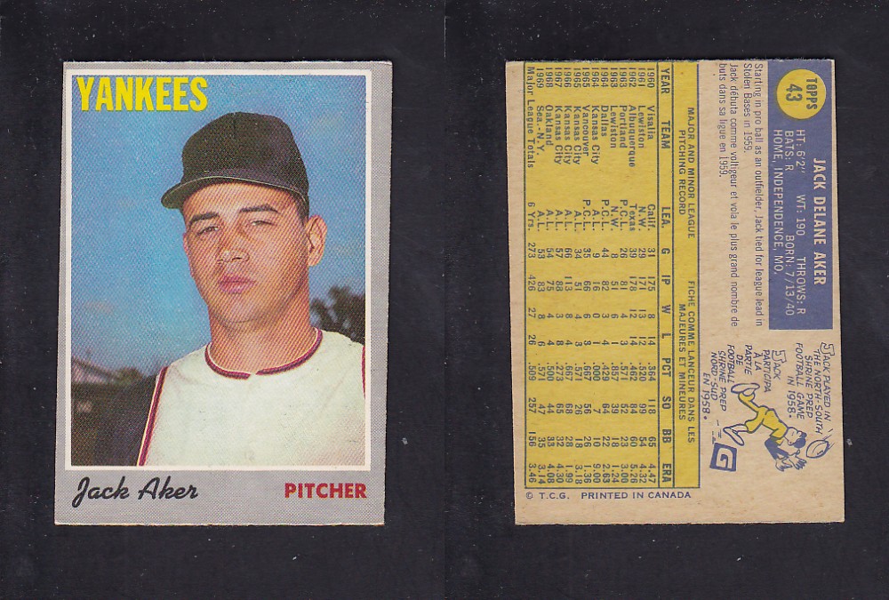 1970 O-PEE-CHEE BASEBALL CARD #43 J. AKER photo