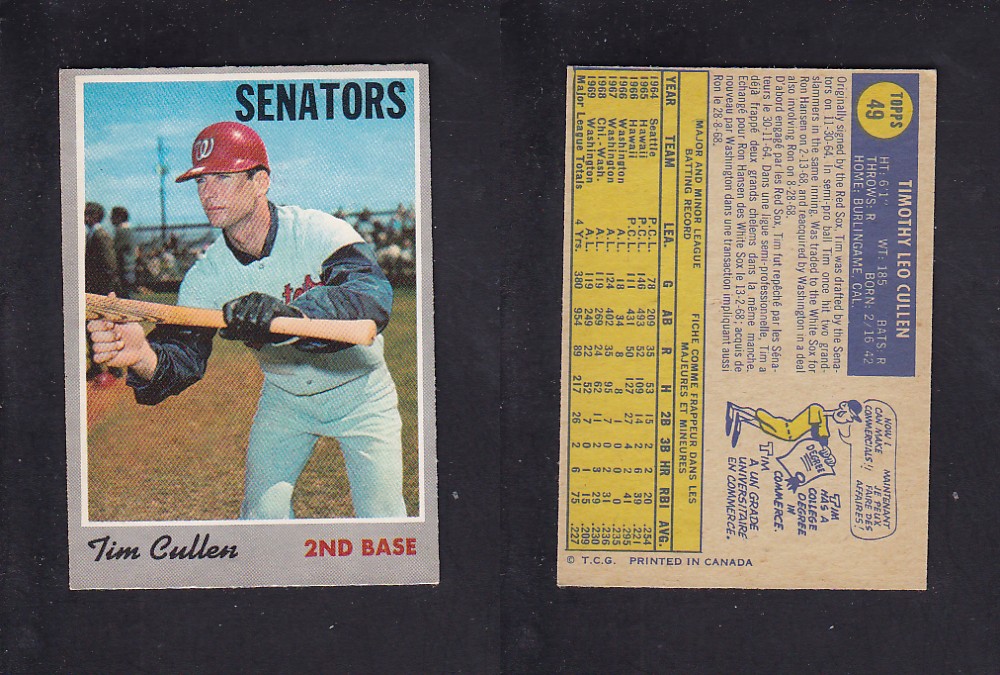 1970 O-PEE-CHEE BASEBALL CARD #49 T. CULLEN photo