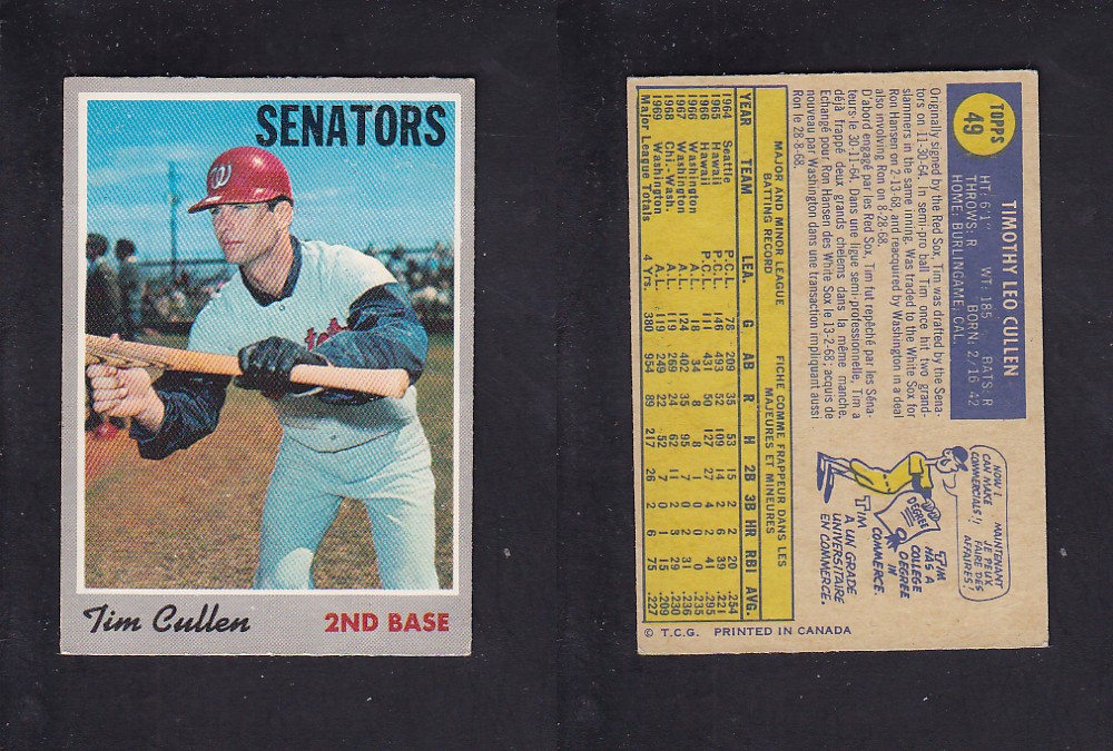 1970 O-PEE-CHEE BASEBALL CARD #49 T. CULLEN photo