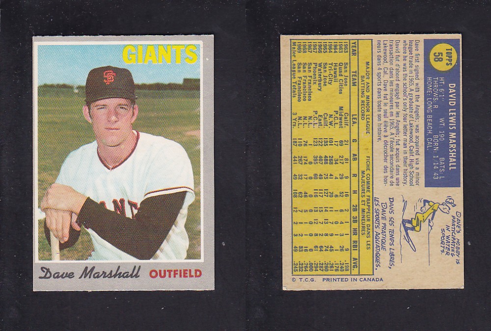 1970 O-PEE-CHEE BASEBALL CARD #58 D. MARSHALL photo