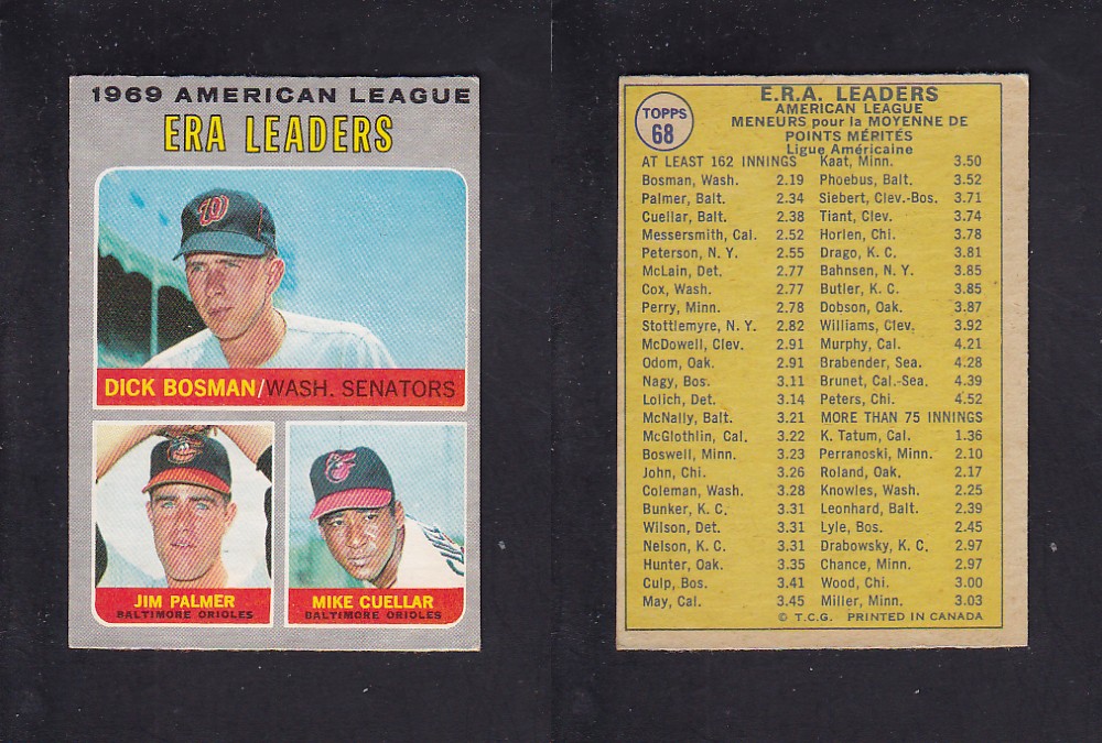 1970 O-PEE-CHEE BASEBALL CARD #68 AMERICAN LEAGUE ERA LEADERS photo