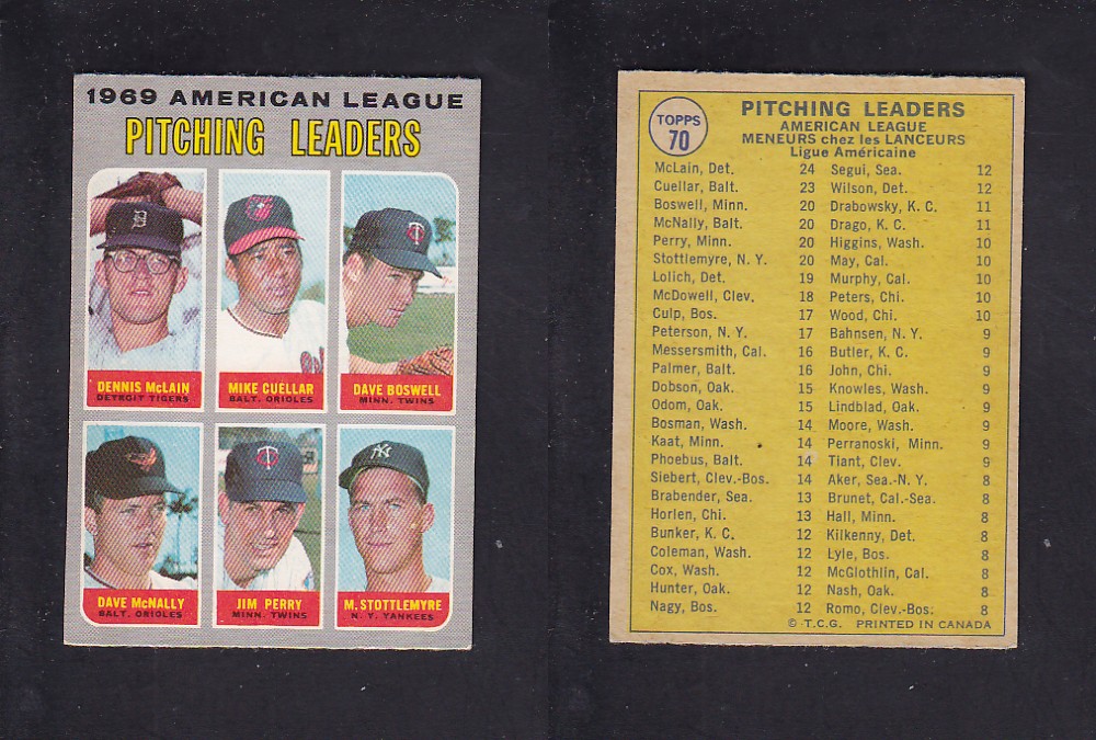 1970 O-PEE-CHEE BASEBALL CARD #70 AMERICAN LEAGUE PITCHING LEADERS photo