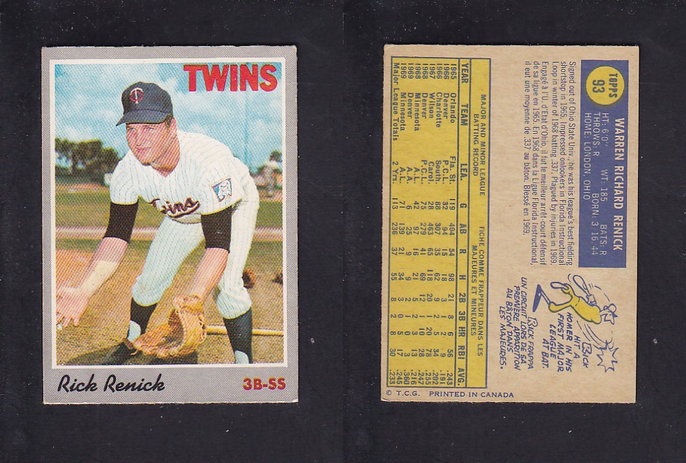 1970 O-PEE-CHEE BASEBALL CARD #93 R. RENICK photo