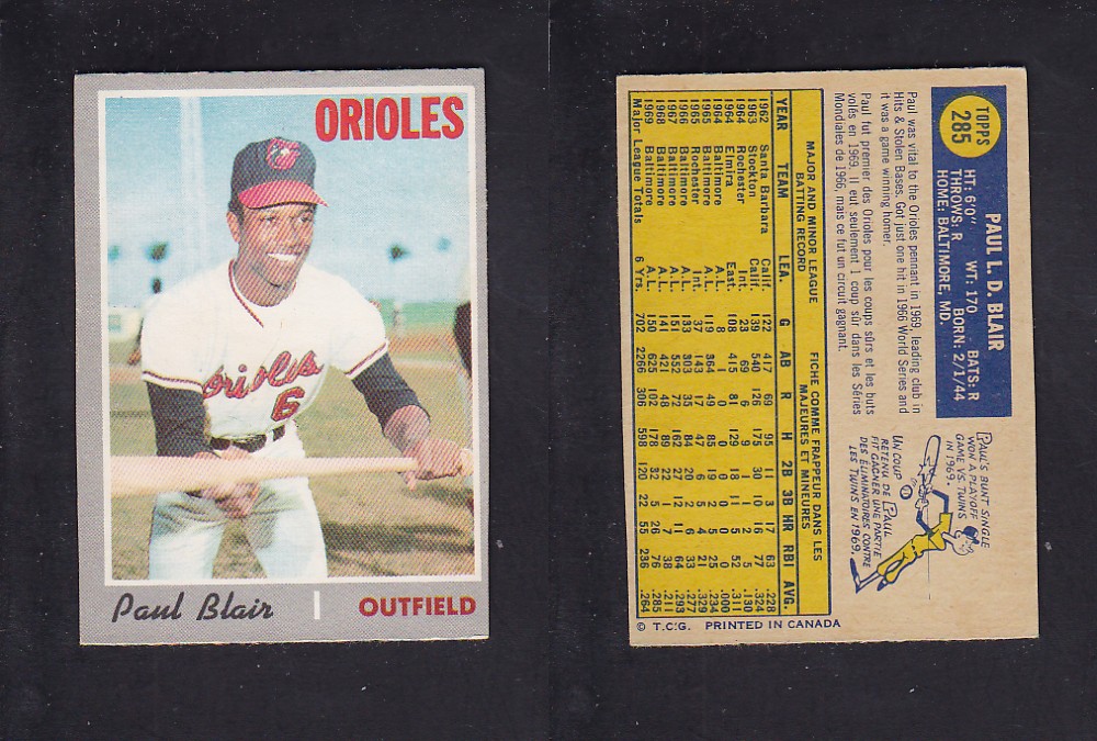 1970 O-PEE-CHEE BASEBALL CARD #285 P. BLAIR photo