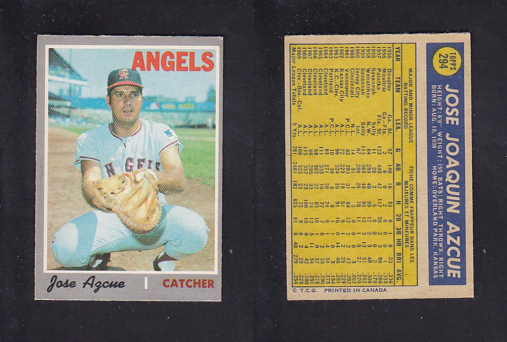 1970 O-PEE-CHEE BASEBALL CARD #294 J. AZCUE photo