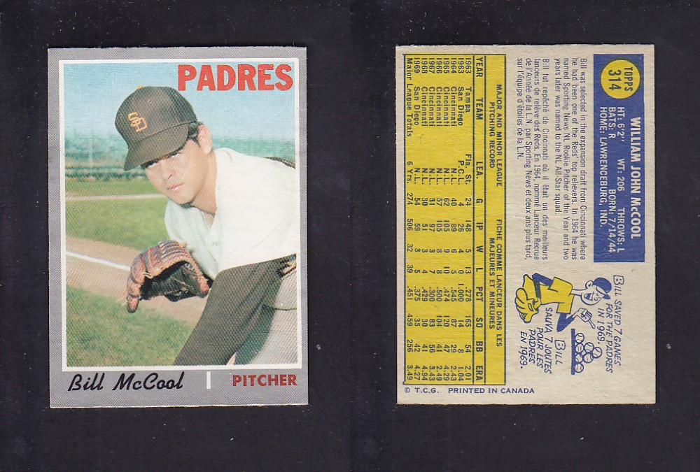 1970 O-PEE-CHEE BASEBALL CARD #314 B. McCOOL photo