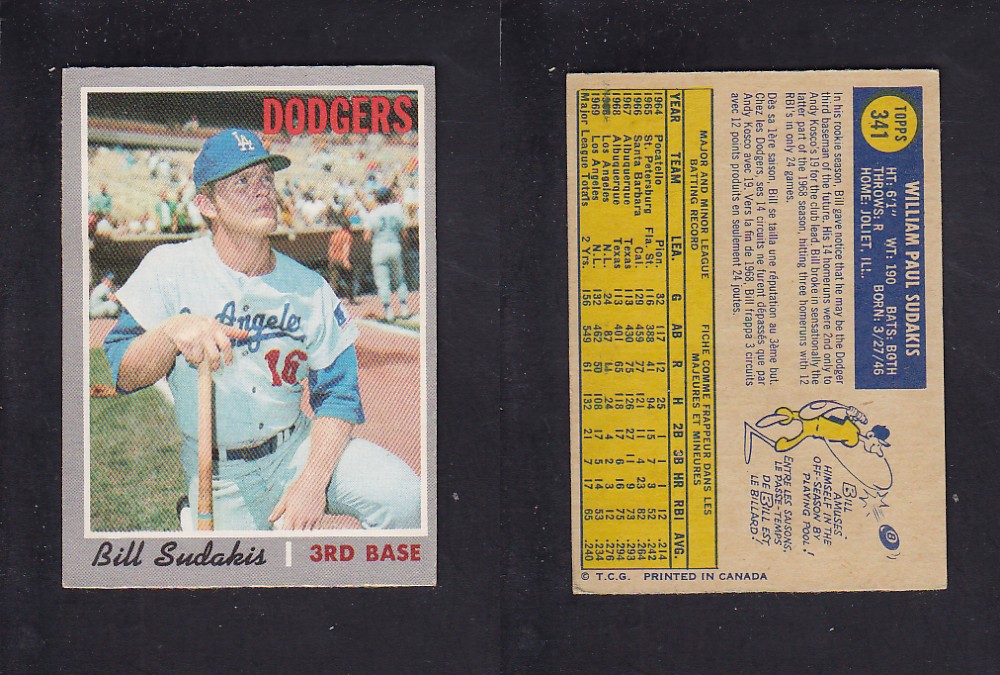 1970 O-PEE-CHEE BASEBALL CARD #341 B. SUDAKIS photo