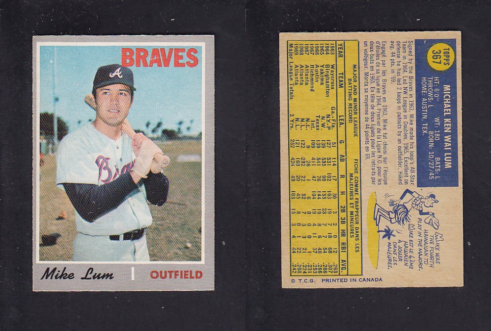 1970 O-PEE-CHEE BASEBALL CARD #367 M. LUM photo