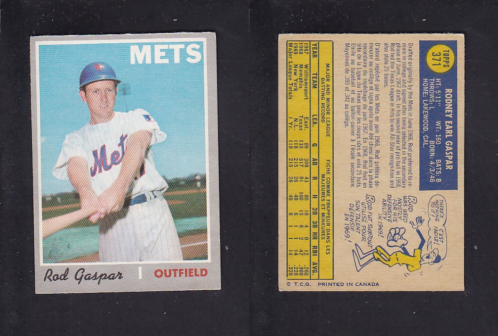 1970 O-PEE-CHEE BASEBALL CARD #371 R. GASPAR photo