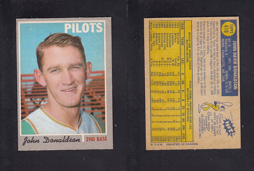 1970 O-PEE-CHEE BASEBALL CARD #418 J. DONALDSON photo