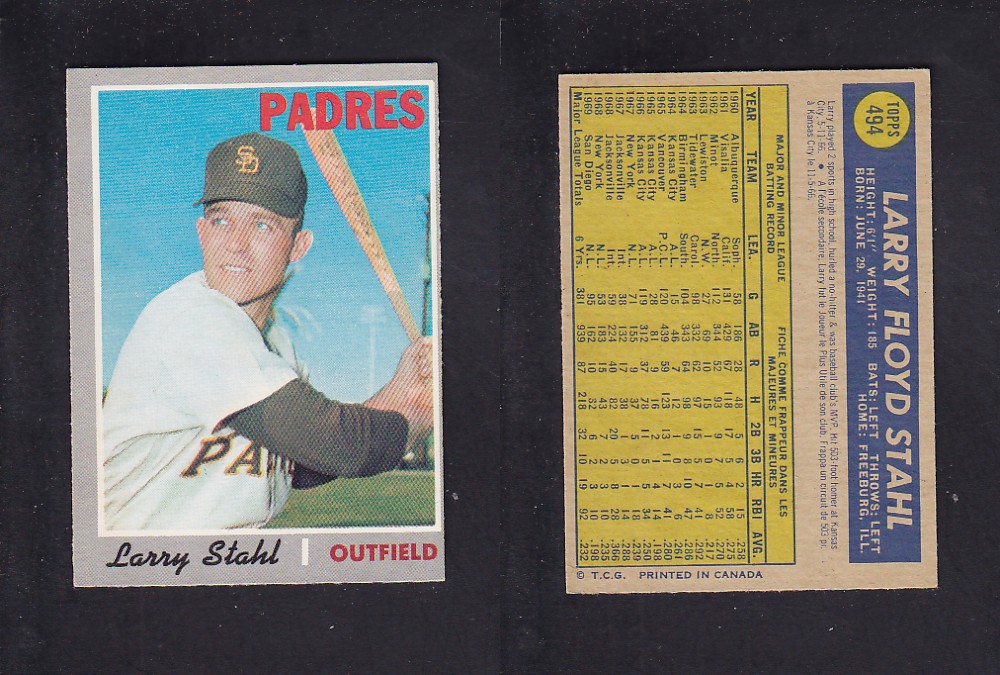 1970 O-PEE-CHEE BASEBALL CARD #494 L. STAHL photo