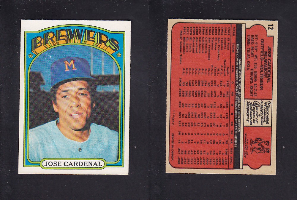 1972 O-PEE-CHEE BASEBALL CARD #12 J. CARDENAL photo