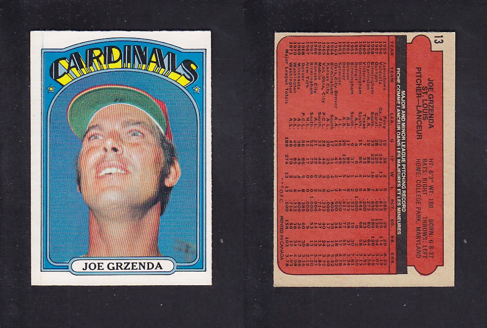 1972 O-PEE-CHEE BASEBALL CARD #13 J. GRZENDA photo