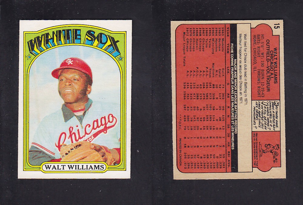 1972 O-PEE-CHEE BASEBALL CARD #15 W. WILLIAMS photo