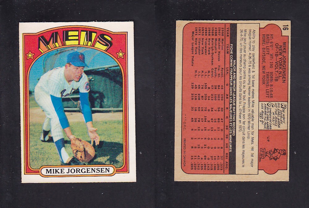 1972 O-PEE-CHEE BASEBALL CARD #16 M. JORGENSEN photo