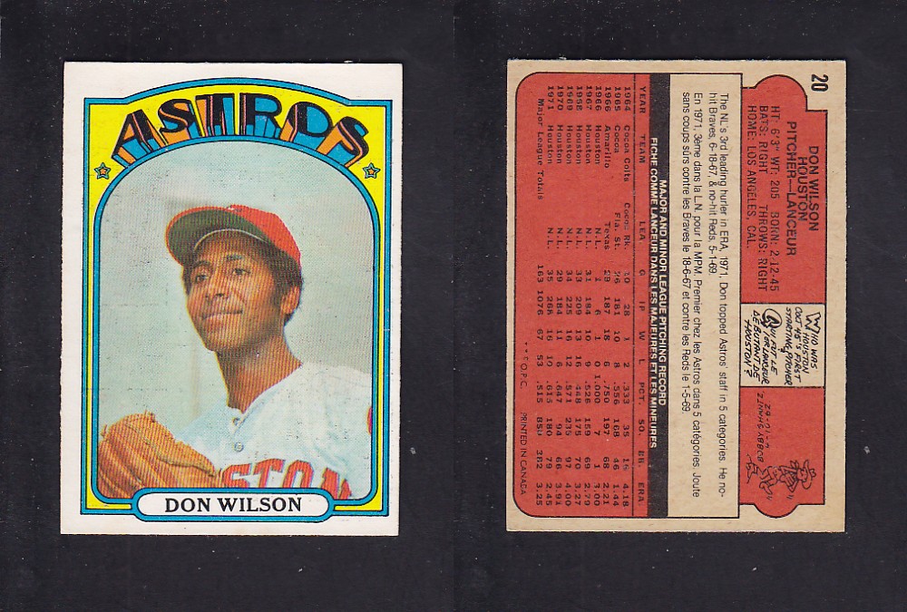 1972 O-PEE-CHEE BASEBALL CARD #20 D. WILSON photo