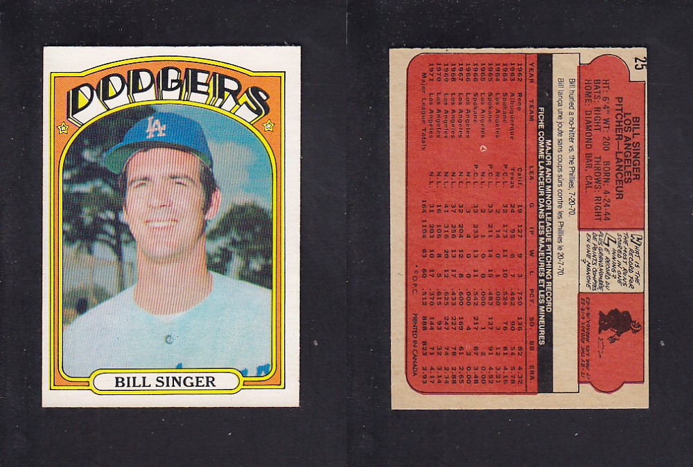 1972 O-PEE-CHEE BASEBALL CARD #25 B. SINGER photo