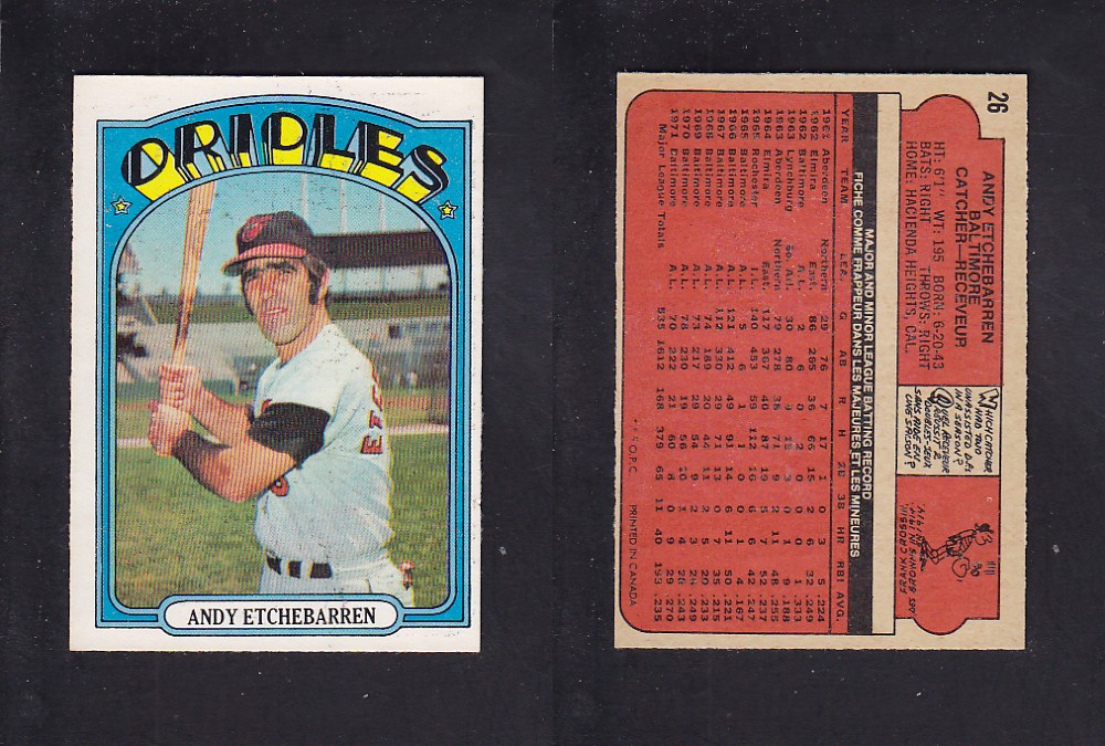 1972 O-PEE-CHEE BASEBALL CARD #26 A. ETCHEBARREN photo